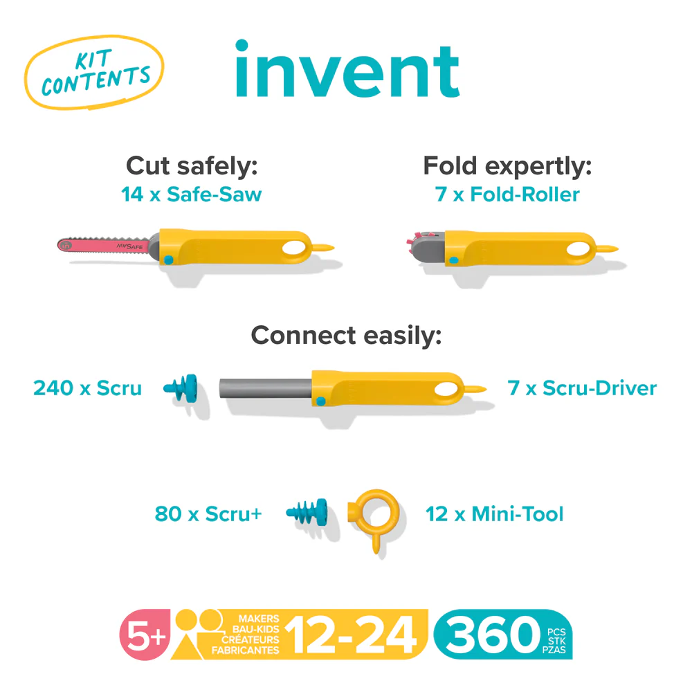 153020-b Makedo Invent Kit contents graphic: 14 Safe-Saw, 7 Fold-Roller, 240 Scru, 7 Scru-Driver, 80 Scru+, 12 Mini-Tool