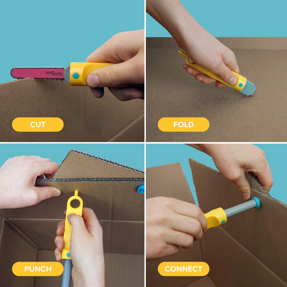 153020-f Makedo tools shown cutting, folding, punching and connecting cardboard