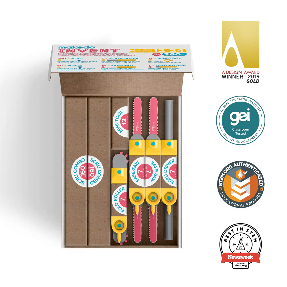 153020-h Makedo Invent Kit open box with tool packs and award badges