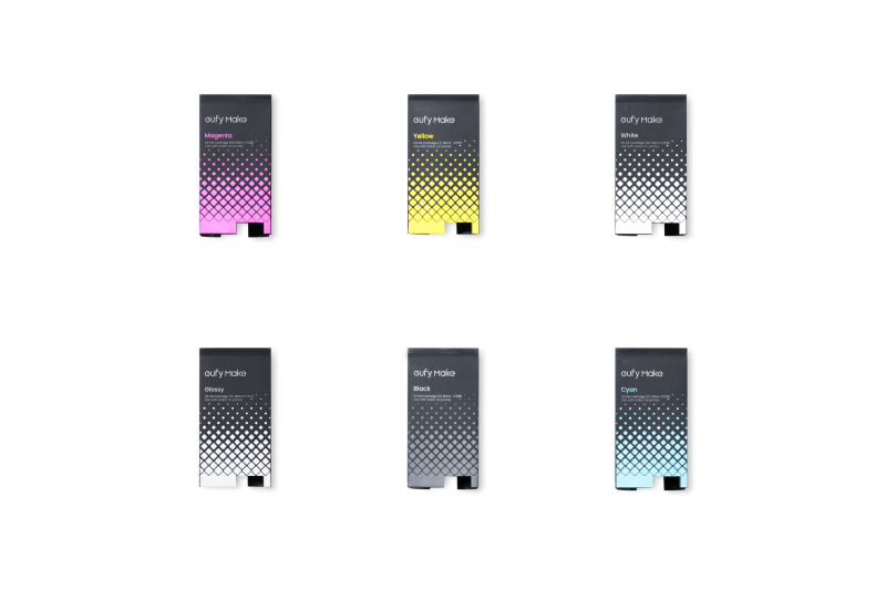 Six eufyMake UV ink cartridges: cyan, magenta, yellow, black, white and gloss