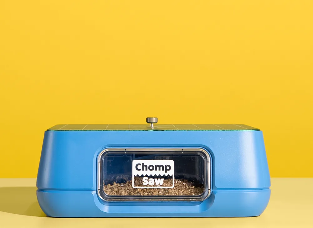 ChompSaw side view showing the rounded blue housing and power dial