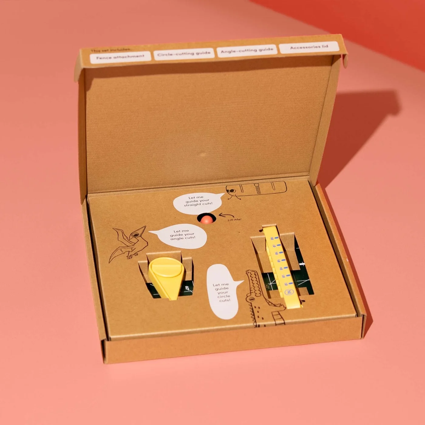ChompSaw table accessories kit opened to show the fence, circle tool and angle guide