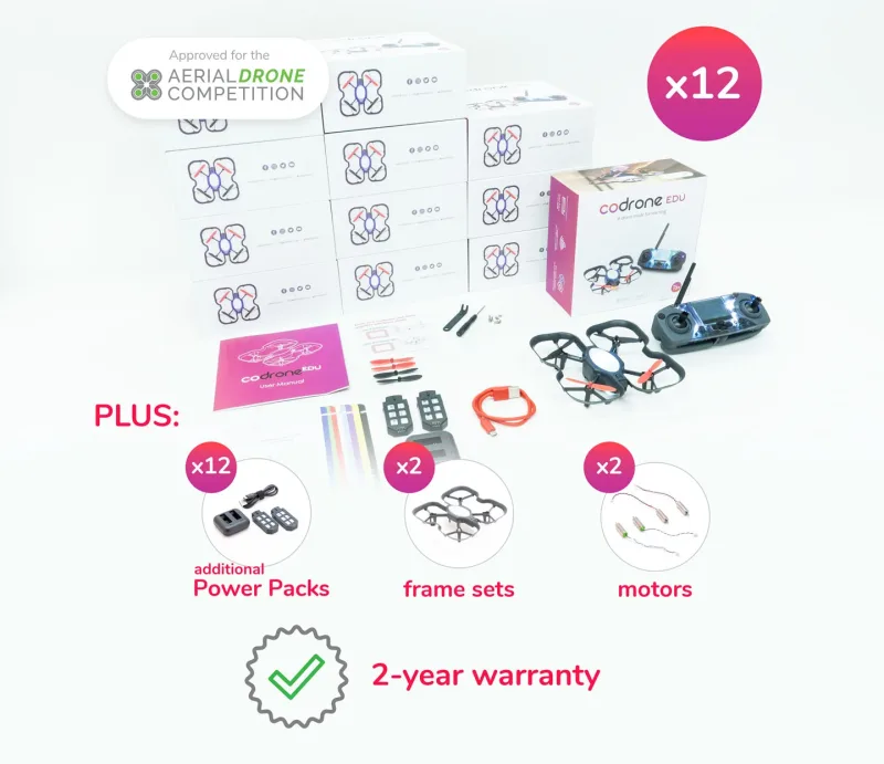 CoDrone EDU Classroom 12-Pack: 12 drones with controllers, 12 extra power packs, 2 frame sets, 2 motor sets and a 2-year warranty