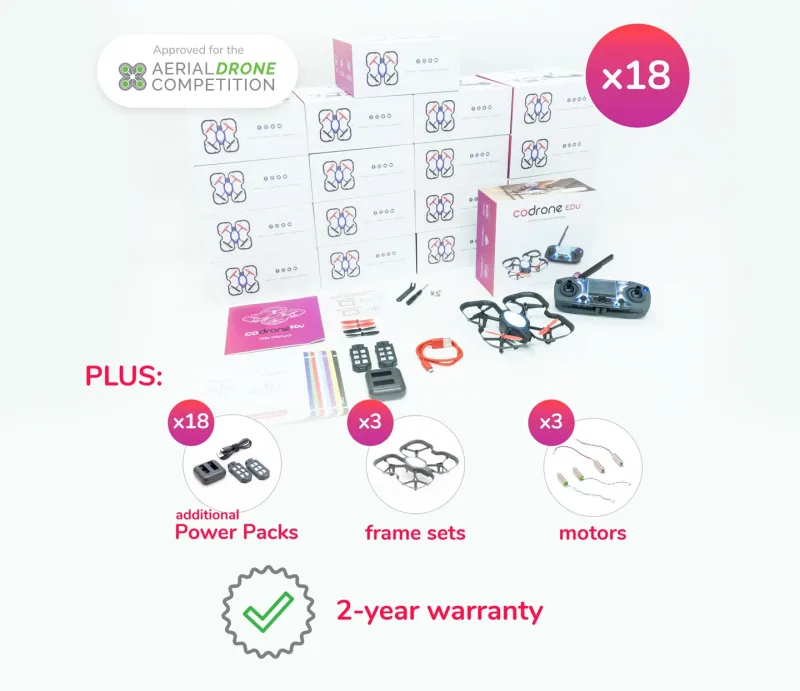 CoDrone EDU Classroom 18-Pack: 18 drones with controllers, 18 extra power packs, 3 frame sets, 3 motor sets and a 2-year warranty