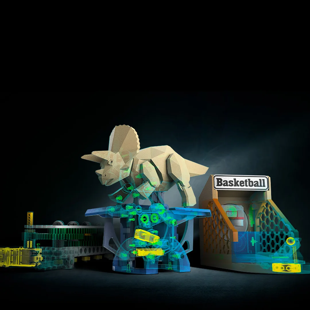 Multi-colour 3D printed models, a dinosaur skeleton and a mini basketball game