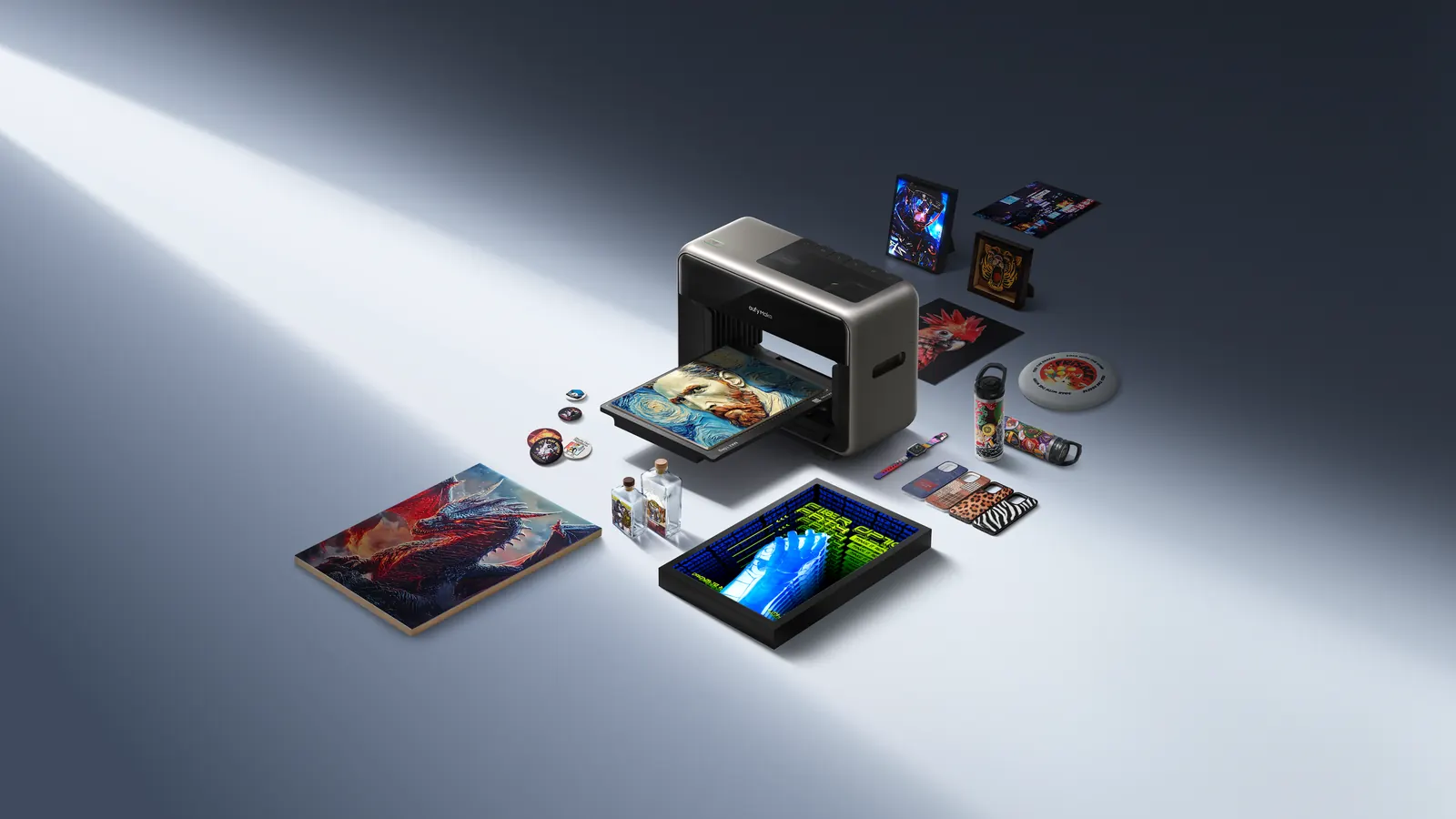 The eufyMake E1 surrounded by prints on tiles, boards and cases