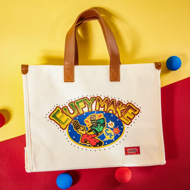 A colourful print on a canvas tote bag
