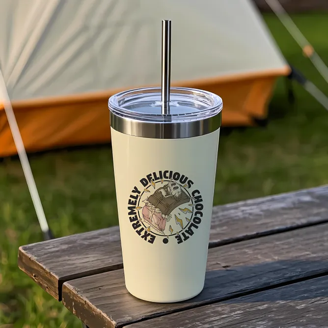 A printed design on a stainless steel tumbler
