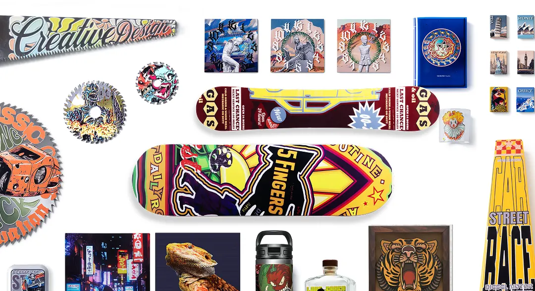 Printed tumblers, a helmet and other round items
